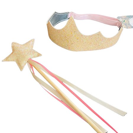Kit Coroa e Varinha Dourado Rosê - Fantasia Infantil