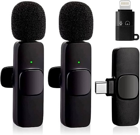 Microfones de Lapela Duplo Tipo C Sem Fio Preto c/1 Receptor + Adaptador Lightning MT-2217 Tomate