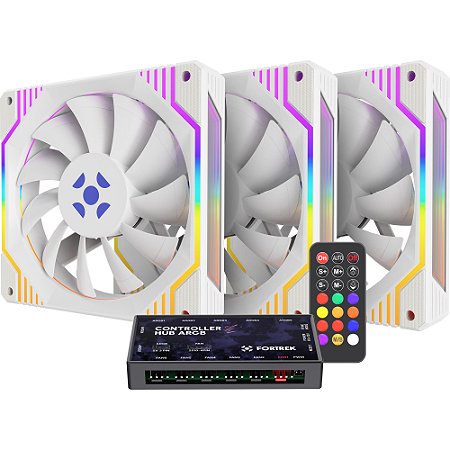 KIT c/3 Coolers ARGB + Controladora Dual Ring Branco Frosty Fortrek