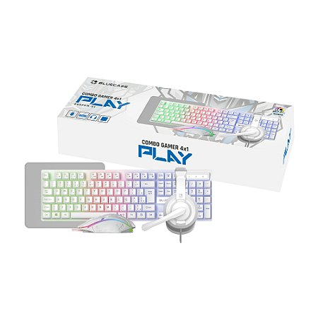 Combo Gamer 4 em 1 Bluecase Play Branco BGHPKM-01WBX, Teclado ABNT2, Mouse 2400 DPI, Headset e Mouse