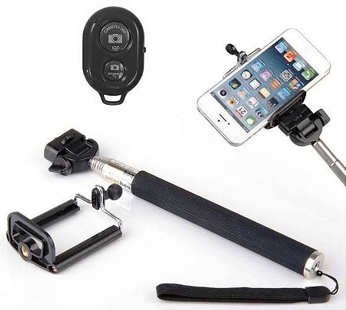 Bastão de Selfie Monopod Expansível até 97cm com Controle Remoto Bluetooth Universal para Celular Android e iOS Preto