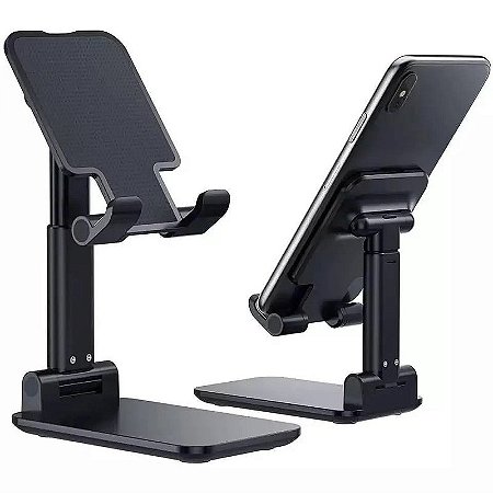 Suporte de Mesa para Celular e Tablet Oberon OR-SP200 Ajustável Dobrável Portátil Ergonômico em Alumínio e ABS Preto