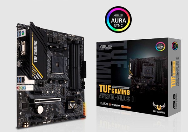 Placa-Mãe AM4 A520 Asus TUF GAMING A520M-PLUS II DDR4 NVMe M.2 HDMI DisplayPort mATX