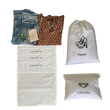 KIT VIAGEM ORGANIZADOR: 3 ENVELOPES LOOK DO DIA + NECESSAIRE+ SAQUINHO