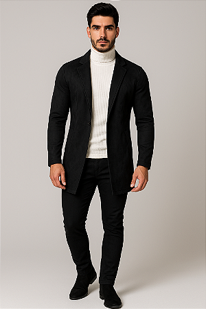 Sobretudo Masculino em Suede Preto – Elegância Minimalista para Todas as Estações