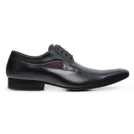 Derby Social de Amarrar cor Preto Detalhe Vermelho Couro Legitimo, Ref: 026