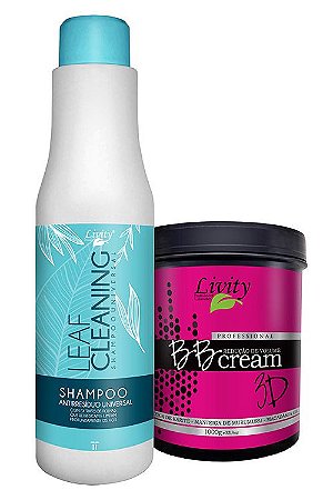 Kit Progressiva BB Cream 3D Capilar BTX Livity + Shampoo Antirresíduo Leaf Cleaning 1Kg