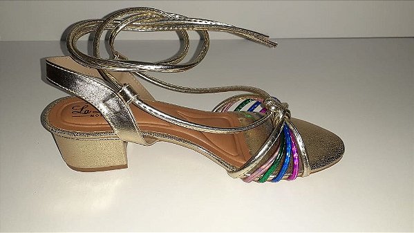 Sandália dourada salto bloco com amarração tornozelo e tiras coloridas - La  Donna Moda \u0026 Beleza