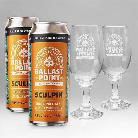 Kit Degustação Ballast Point Sculpin | 2 Latas 473ml + 2 Taças Exclusivas | Experiência IPA Premium