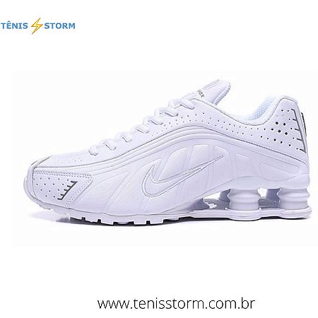 nike shox r4 branco e dourado