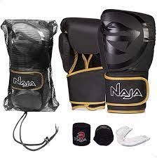 Kit Muay Thai Boxe Naja Luva Black Line Pta e Dourada