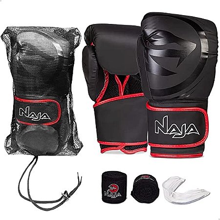 KIT MUAY THAI BOXE NAJA LUVA BLACK LINE PTA E VERMELHA