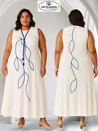 Vestido Longo Regata com Bordado de Folhagens + Colar Tricolor – Edição Outono Flor de Algodão