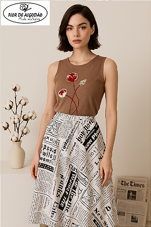 Saia de Algodão Jornal Evasê G - Flor de Algodão.