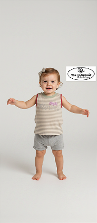 Regata Infantil em Algodão Natural Flowers Rosa listra rubi e topázio.