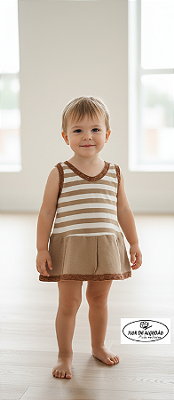 Vestido Infantil Flor de Algodão Listrado Bege em Algodão Natural Ecológico 2 anos