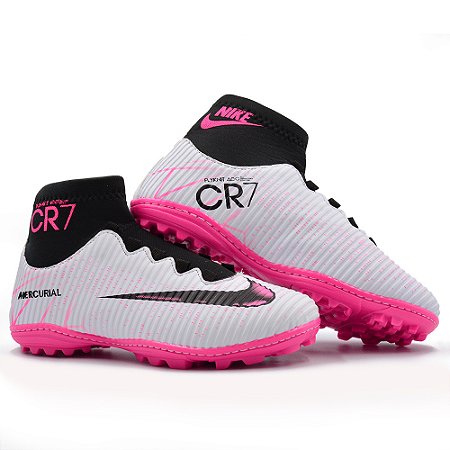 Chuteira Cano Alto Botinha Society Nike Mercurial Cristiano Ronaldo Cr7 -  Branco/Pink - Distribuidora de Calçados Isabela Shoes - Calçados Masculinos  e Femininos