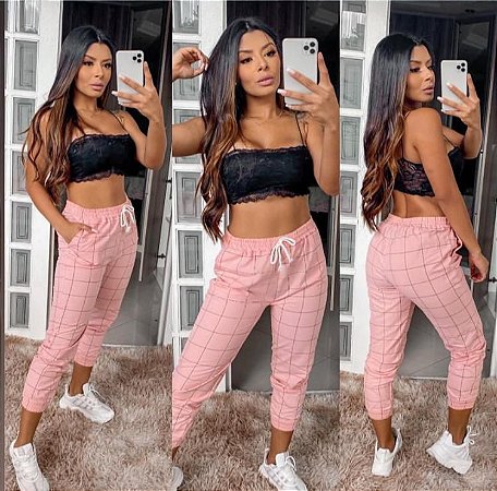 calça xadrez rosa