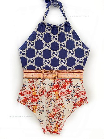 Maiô azul/ Floral
