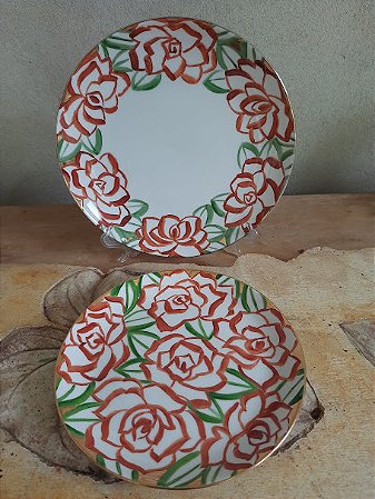 Jogo Pratos Rosas com ouro- 12 peças