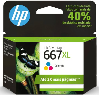 Cartucho de Tinta Original HP 667XL Color 3YM80AL, uso nas HP Deskjet Ink Advantage 2376 / 2774 / 2776 / 6476. Rendimento até 330 páginas. Cartucho Original com excelente qualidade.