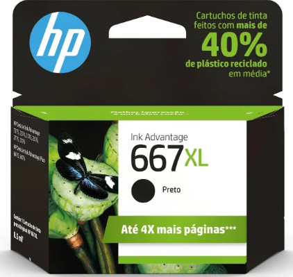 Cartucho de Tinta Original HP 667XL Preto 3YM81AB, uso nas HP Deskjet Ink Advantage 2376 / 2774 / 2776 / 6476. Rendimento até 480 páginas. Cartucho Original com excelente qualidade.