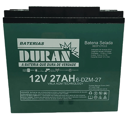 Bateria Duran VRLA AGM - 12v 27Ah - Ciclo Profundo - VEÍCULOS ELÉTRICOS