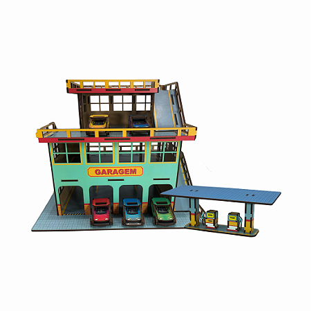 Quebra Cabeça 3D MDF Posto de Combustível 5 Carrinhos