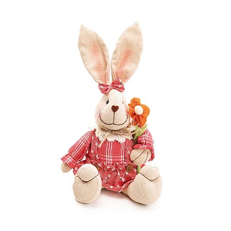 Coelha Decorativa Sentada - Rosa/Flor