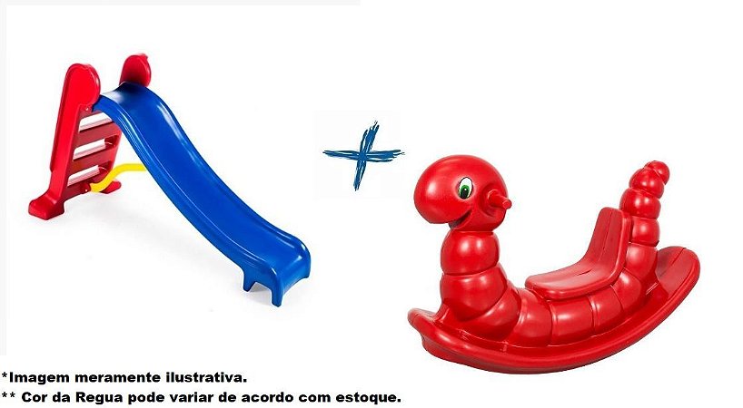 Kit Escorregador Médio Azul + Gangorra Minhoca Vermelha