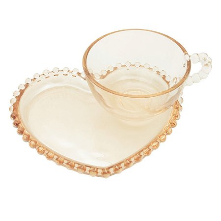 Xícara de chá Cristal Pearl 180ml c/ Prato Coração - Ambar