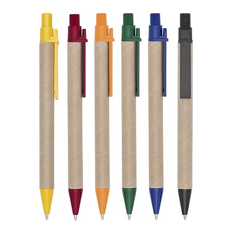 Caneta de papelão com detalhes plásticos
