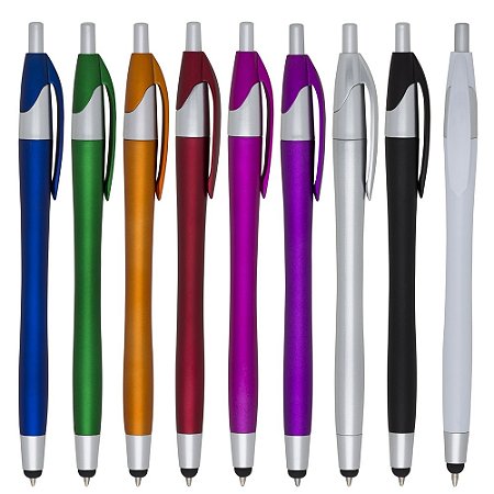 Caneta plástica com ponteira touch screen, carga esferográfica azul e acionamento por clique.