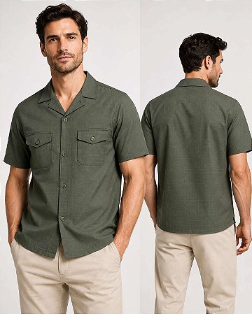 Camisa Masculina Ripstop Verde-Oliva Manga Curta com 2 Bolsos