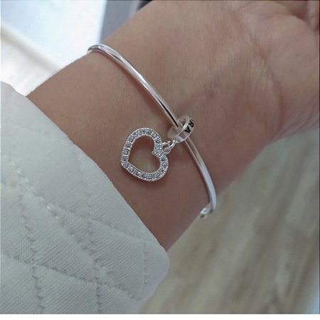 Pulseira bracelete liso com berloque Pandora coração em Prata 925