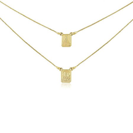 Escapulário sagrado coração de Jesus e N.Sra Aparecida banhado a ouro 18K