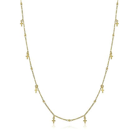 Colar longo cruz e bolinhas banhado a ouro 18k