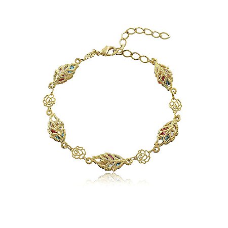 Pulseira folha e rosas com cristais coloridos banhada a ouro 18k