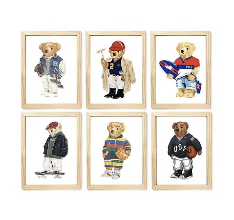 kit quadro infantil urso esporte polo ralph lauren  decoração quarto menino enxoval bebê
