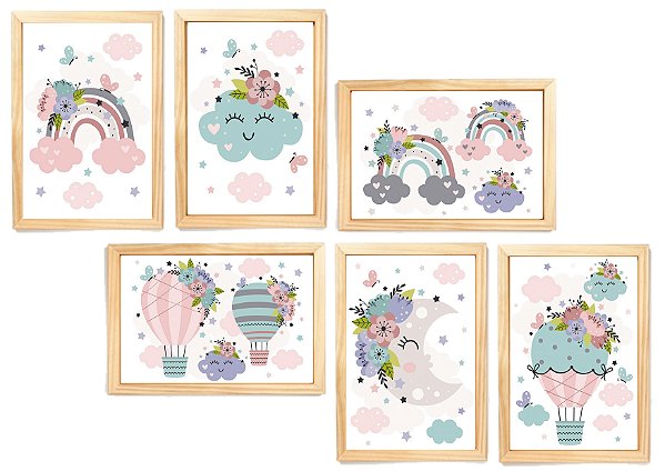 Kit quadro arco iris & nuvem & lua infantil decorativo quarto criança enxoval bebê