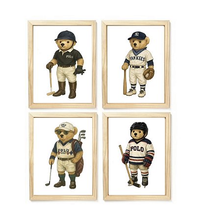 Kit quadro infantil urso esportista polo rauph lauren decoração quarto menino