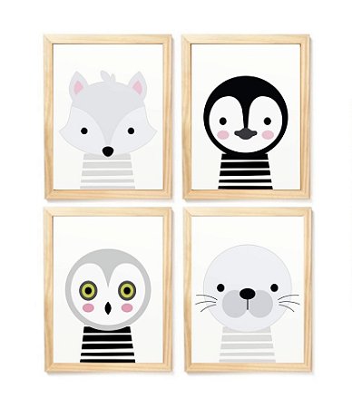 Kit quadro safari cinza e preto decorativo infantil quarto criança bebê enxoval infantil