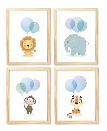 Kit quadro safari balão azul decorativo  quarto criança bebê enxoval