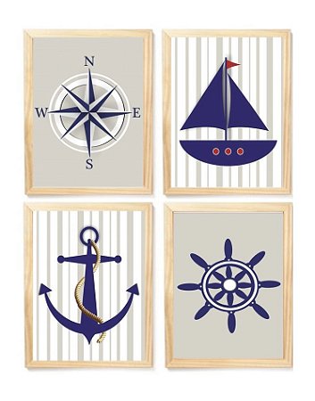 Kit quadro infantil decorativo náutica azul e cinza quarto criança bebê enxoval menino