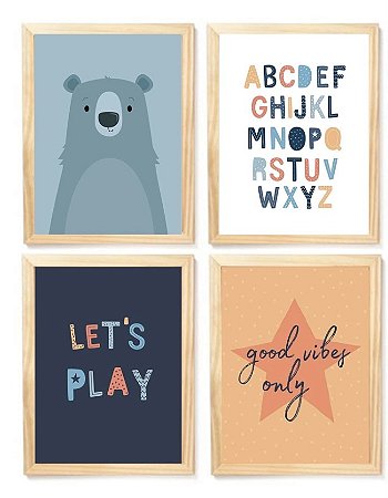 Kit quadro decorativo infantil urso escandinavo  quarto criança bebê enxoval
