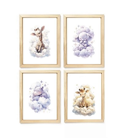 Kit quadro infantil safari nuvem decorativo quarto menina