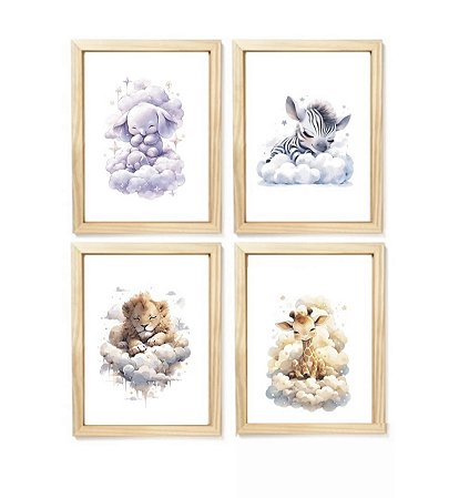 Kit quadro infantil safari nuvem decorativo quarto menina