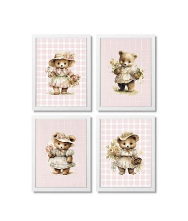 Kit quadro ursa flores decoração quarto bebê enxoval menina