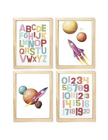 Kit quadro astronauta numeros alfabeto decorativo quarto bebê enxoval criança