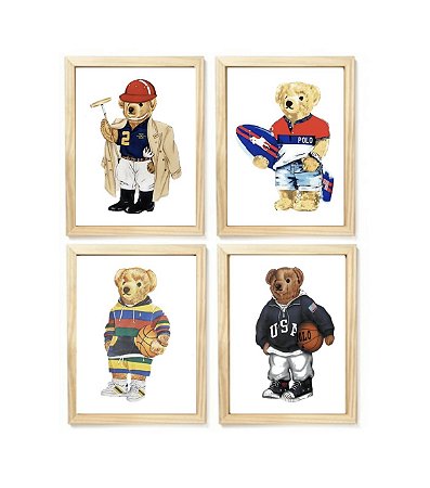 Kit quadro infantil urso esporte polo ralph lauren decorativo quarto bebê enxoval criança menino